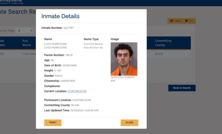La imagen del joven en prisión fue compartida por las autoridades. (Pennsylvania Department of Corrections)