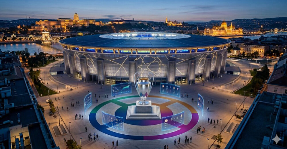 Trofeo de Champions League y estadísticas digitales en estadio de Budapest