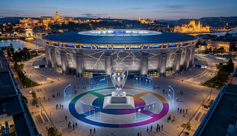 Trofeo de Champions League y estadísticas digitales en estadio de Budapest