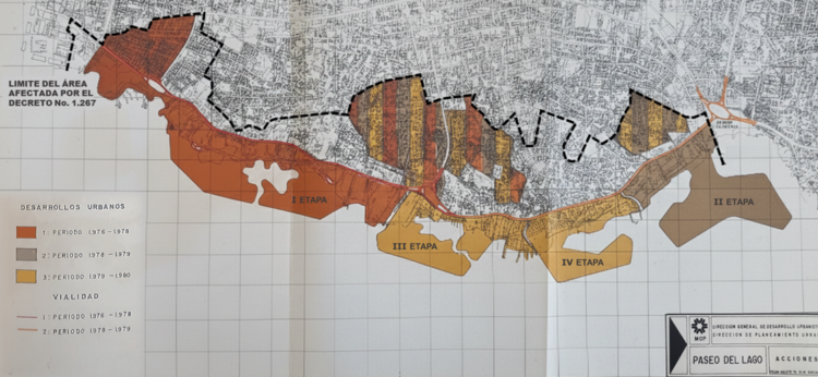 Plano de acciones y periodos de ejecución del Paseo del Lago - Ministerio de Obras Públicas. (1976).