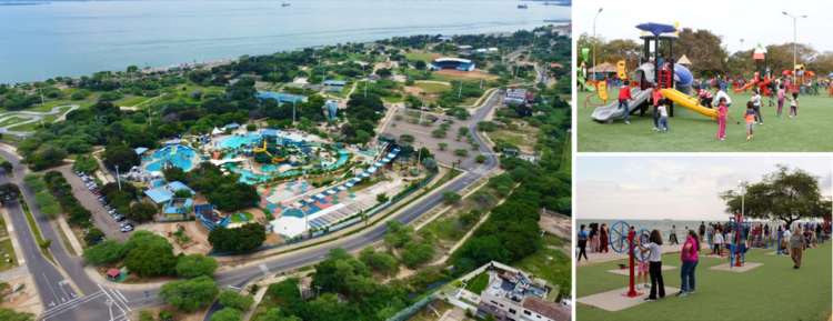 Izquierda: Fotografía aérea del Parque Vereda del Lago Primera Etapa.Derecha: Niños y adultos se recrean disfrutando de las áreas recreativas al aire libre.
