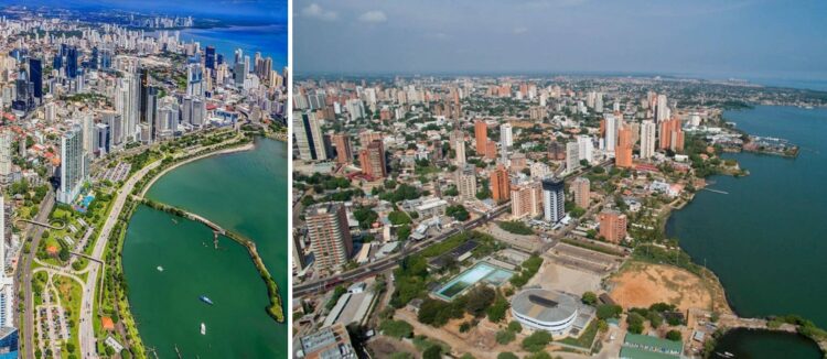Izquierda: Fotografía aérea de la cinta costera de Panamá, mostrando el desarrollo urbano a lo largo del litoral del Pacífico. Derecha: Vista aérea de la avenida El Milagro, sector Cotorrera, Maracaibo.