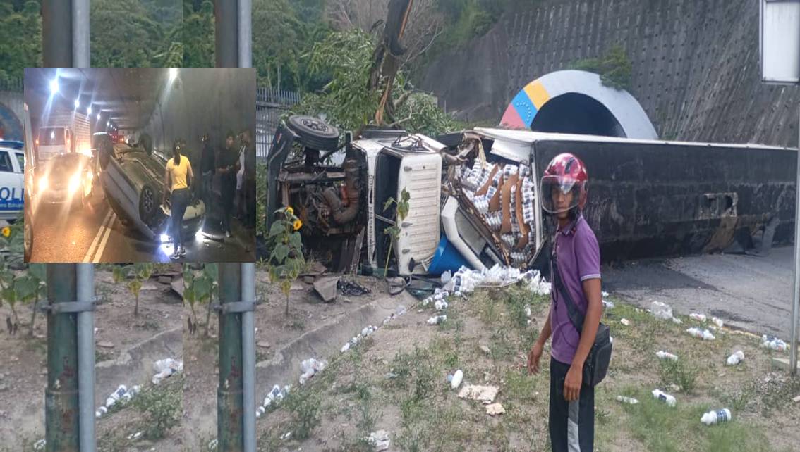 ¡DOBLE VOLCAMIENTO EN EL TÚNEL DE ‘TURUMO’! Una gandola de carga pesada se estrella afuera y un auto particular vuelca dentro del viaducto || Fotos