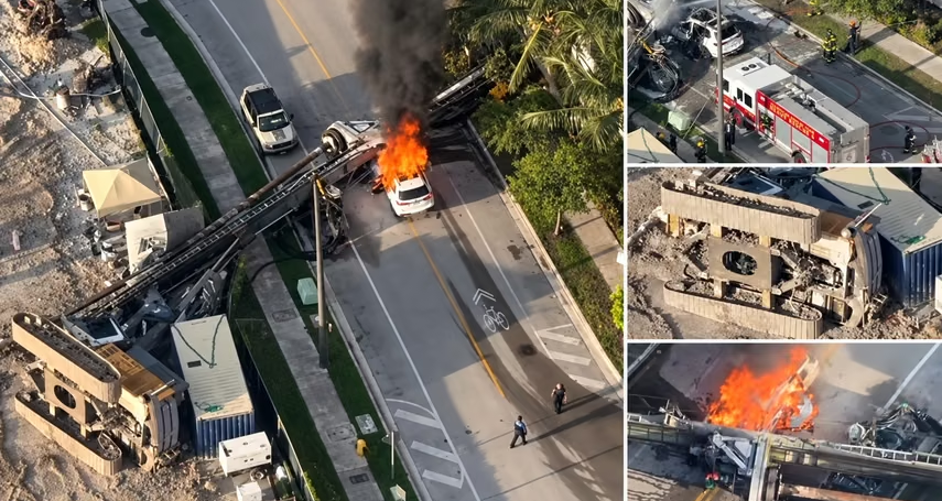 ¡CAOS EN BRICKELL! Grúa se desploma dejando varios heridos y autos aplastados en Miami